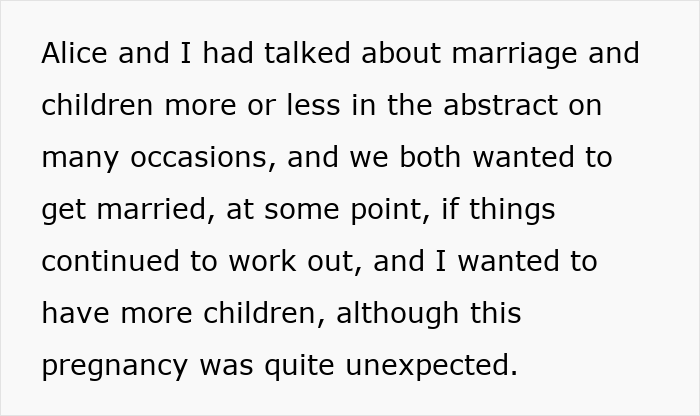 Text on a white background discussing marriage, children, and an unexpected pregnancy in a personal narrative.