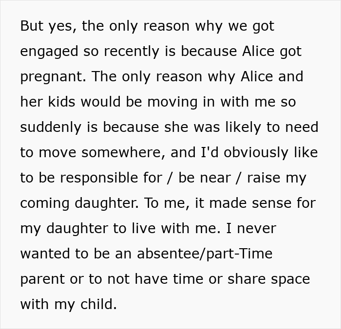 Text excerpt about a man choosing to live with his daughter and prioritizing parenting over engagement with fianc&eacute;e.