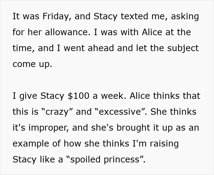Text excerpt discussing a man defending his daughter's allowance and parenting choices against his fianc&eacute;e's opinions.