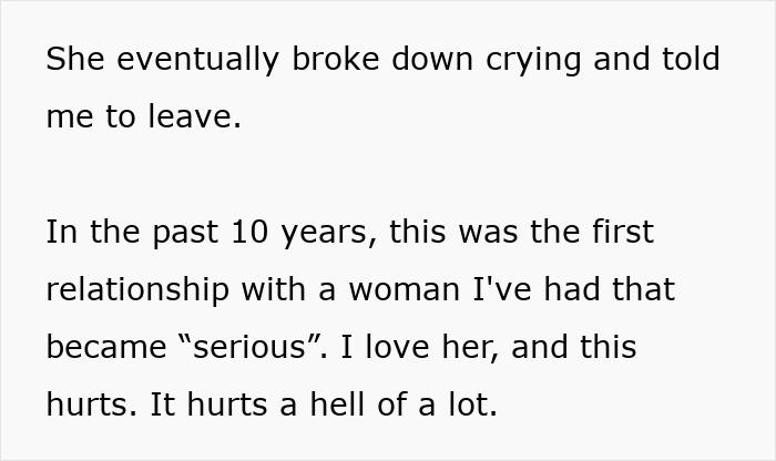 Text excerpt showing a man expressing pain over choosing his daughter&rsquo;s room over his fianc&eacute;e in a serious relationship.