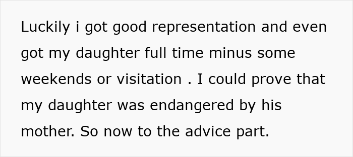 Text excerpt about good legal representation mentioning daughter endangered by mother relating to MIL poisoning toddler with essential oils.