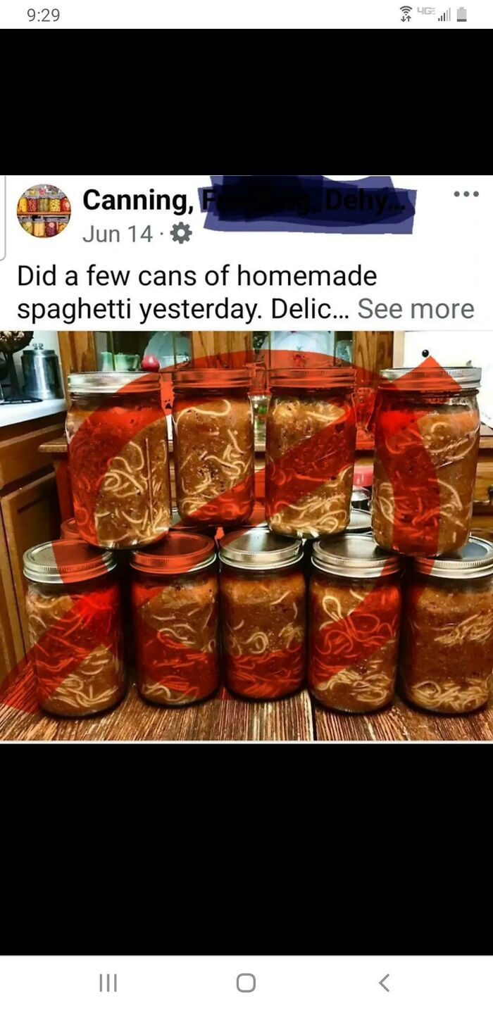 Jars of homemade canned spaghetti stacked on a kitchen counter, illustrating edible food preservation close to death risks.
