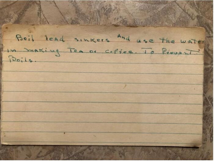 Handwritten note on aged paper warning about boiling lead sinkers and water safety related to edible risk.