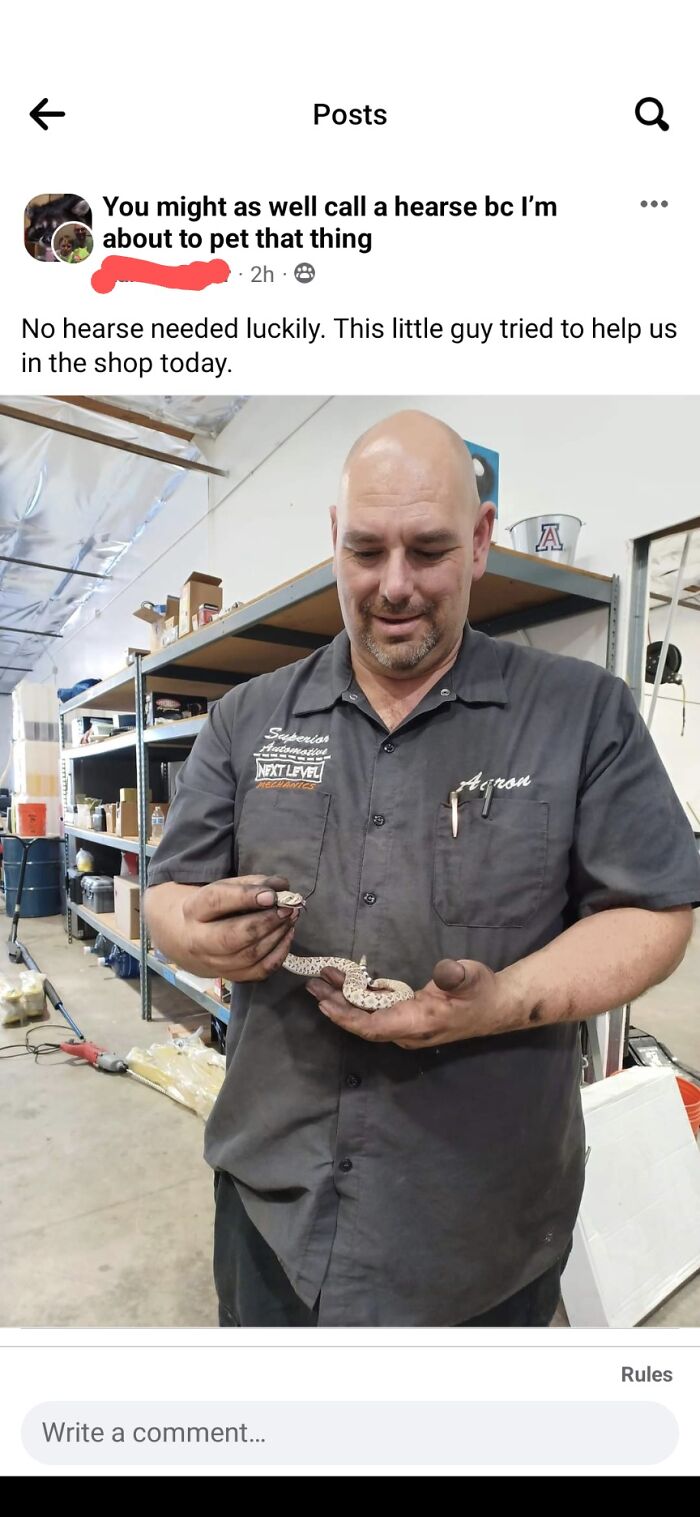 Man in work shirt holding a small snake in a workshop, relating to people who came close to death without realizing it.