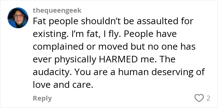 Comment defending plus-size passengers against attacks, emphasizing no one deserves to be harmed for their size. Comment defending plus-size passengers against attacks, emphasizing no one deserves to be harmed for their size.