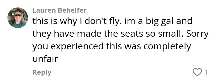 Social media comment from a plus-size passenger discussing unfair, small airplane seats and fat-shaming during a flight. Social media comment from a plus-size passenger discussing unfair, small airplane seats and fat-shaming during a flight.