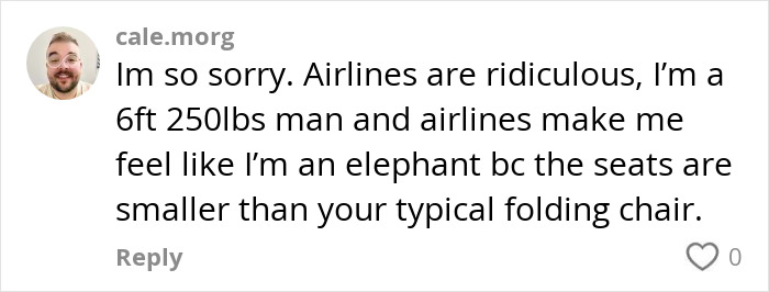 Screenshot of a social media comment describing frustration with airlines and small seats affecting plus-size passengers. Screenshot of a social media comment describing frustration with airlines and small seats affecting plus-size passengers.