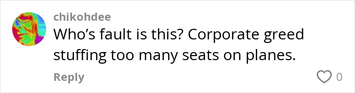 Comment criticizing corporate greed for stuffing too many seats on planes, related to plus-size passenger struggles. Comment criticizing corporate greed for stuffing too many seats on planes, related to plus-size passenger struggles.