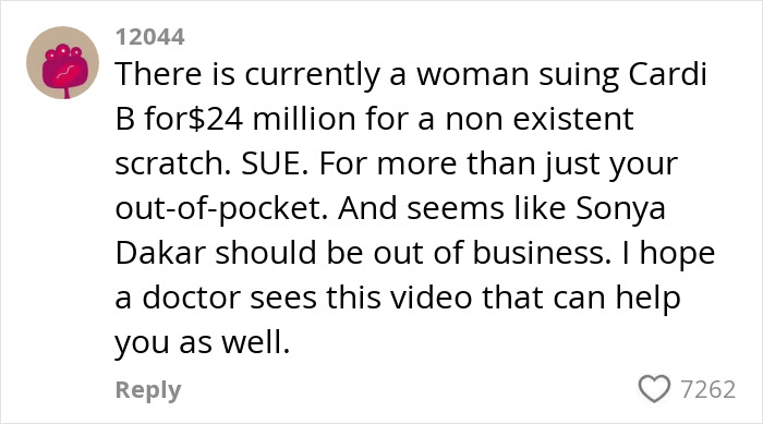 Comment discussing a woman suing for $24 million and mentioning facialist Sonya Dakar in a legal dispute context.