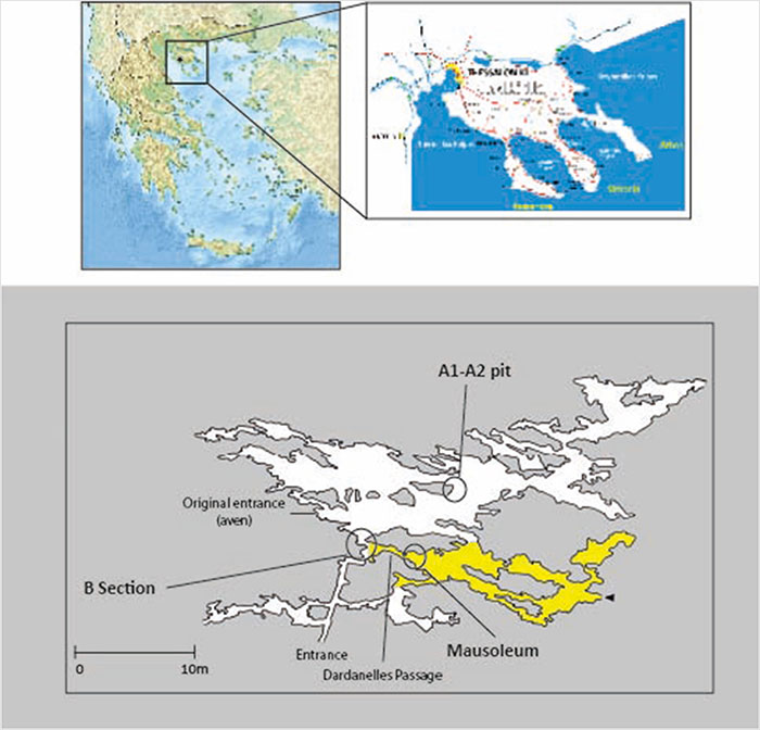 Map showing the location of Petralona Man skull discovery and cave layout with original entrance and A1-A2 pit highlighted.