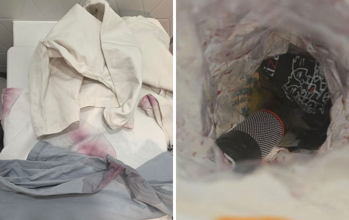 Stained clothes and a crushed drink can inside a trash bag showing vacation bad luck mishaps shared by people.