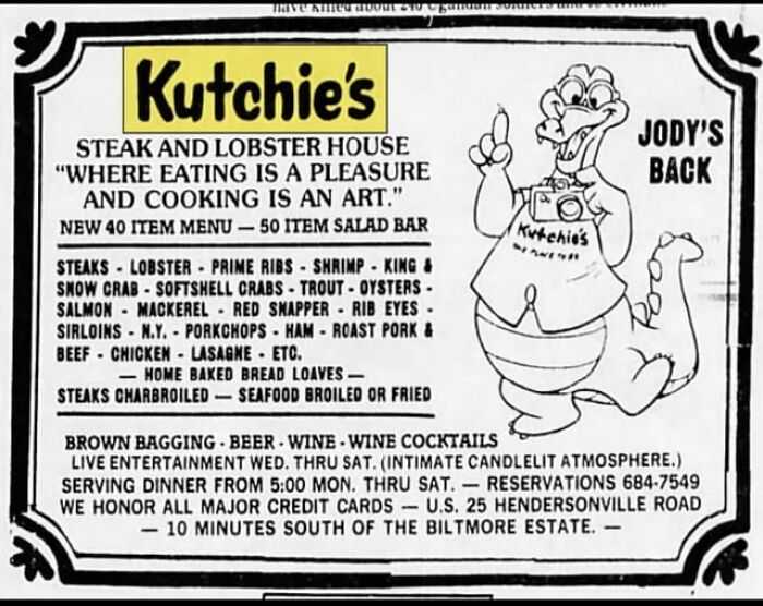 Vintage Kutchie's steak and lobster house ad featuring menu items and mascot, linked to unexplained internet mysteries nostalgia.