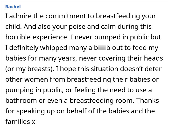 Comment praising breastfeeding commitment and addressing breastfeeding stigma and health risks publicly discussed by doctor.