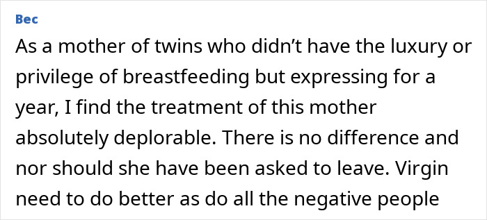 Comment expressing strong support for breastfeeding and criticizing the stigma and unfair treatment of mothers pumping breast milk.