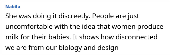 Comment by user Nabila discussing discomfort with breastfeeding and stigma around women producing milk for babies.