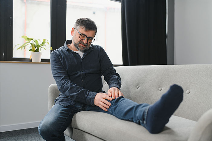 A man sitting on a couch holding his knee, possibly pretending to be in pain, illustrating fake illnesses exposure.