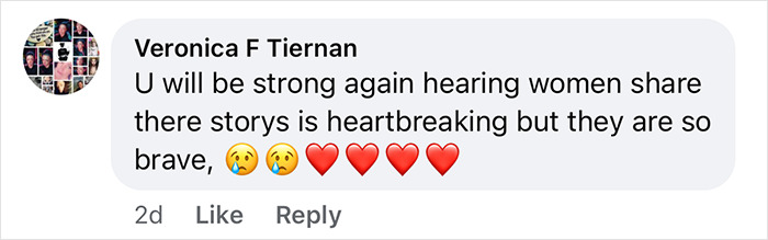 Comment by Veronica F Tiernan expressing support for brave domestic violence victims sharing their stories during a heartbreaking discussion.