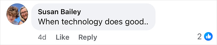 Comment bubble showing Susan Bailey saying When technology does good in a social media post related to domestic violence victim and Siri saving her life