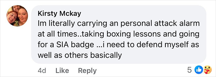 Comment from Kirsty McKay about carrying a personal attack alarm and taking boxing lessons for self-defense.