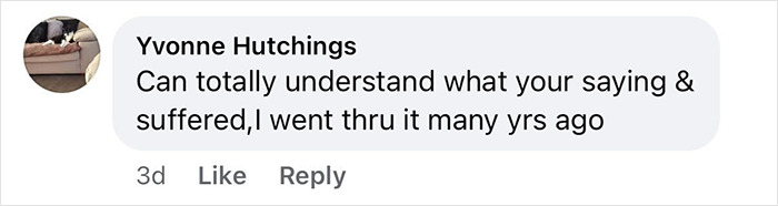 Screenshot of a social media comment discussing personal experience related to domestic violence victim support.