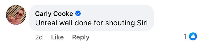 Comment from Carly Cooke praising use of Siri during a domestic violence attack, highlighting how Siri saved a life.