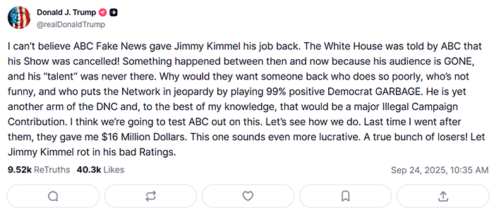 Donald Trump&rsquo;s social media post attacking Jimmy Kimmel amid ABC lawsuit threat after comeback ratings success.