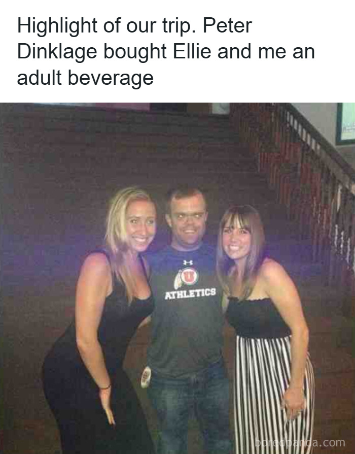 Three people posing together at night with caption joking about a celebrity in a funny Johnny Derp moment shared online.