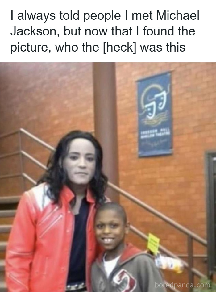 Boy posing with a person mistakenly believed to be Michael Jackson, part of Johnny Derp celebrity photo fails shared online.