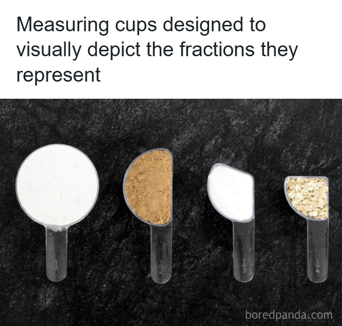 Measuring cups designed to visually depict fractions filled with various ingredients as a weird purchase idea.