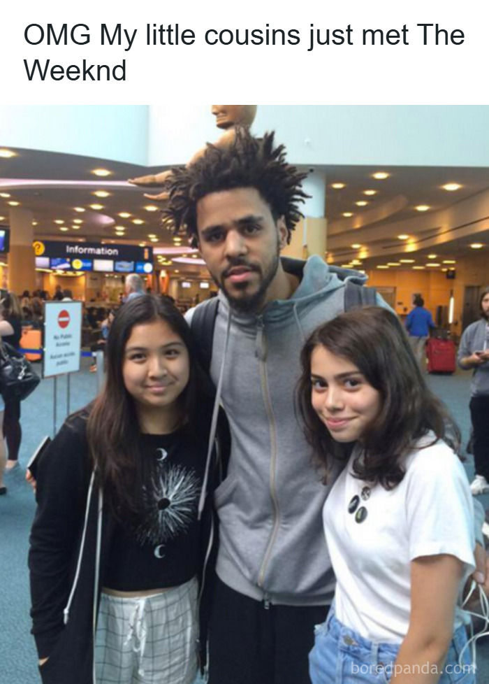 Two girls posing with a man resembling a celebrity at an airport, shared as part of Johnny Derp celebrity photo fails.