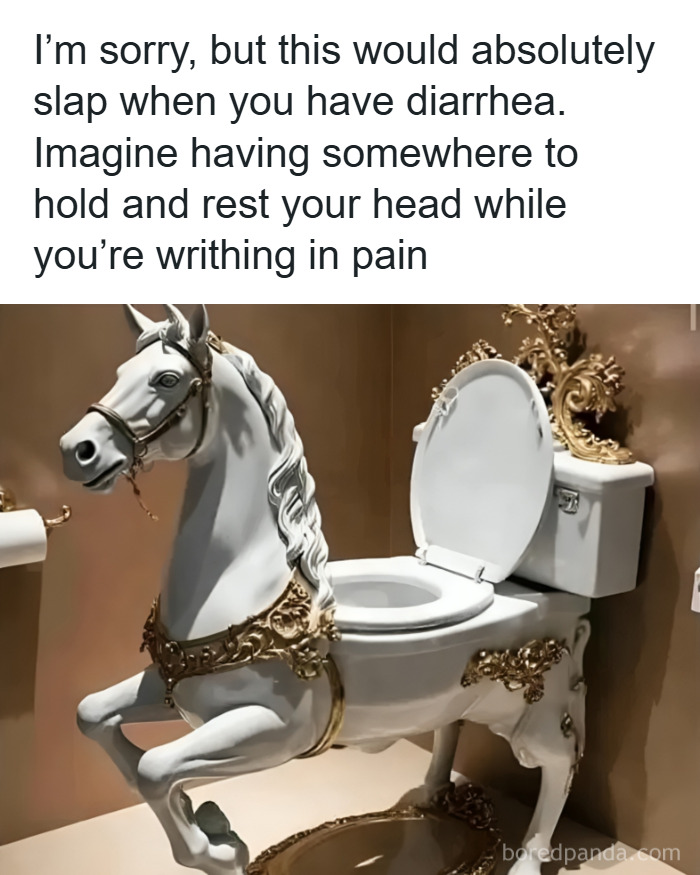 Ornate white toilet designed as a horse with gold embellishments, one of the weirdest purchases people need instantly.