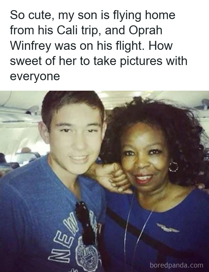 Young man posing with a woman on a plane, a classic Johnny Derp moment mistaken for a celebrity encounter.