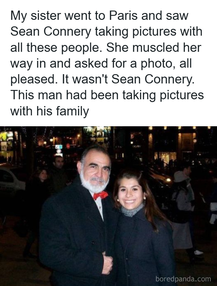 Man resembling Sean Connery posing for a photo with a smiling young woman, a humorous celebrity lookalike moment.