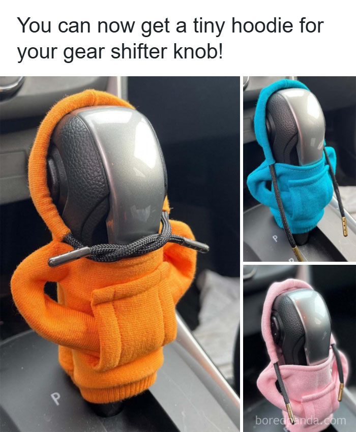 Tiny hoodies designed for gear shifter knobs in cars, showcasing quirky and weird purchases people would make instantly.