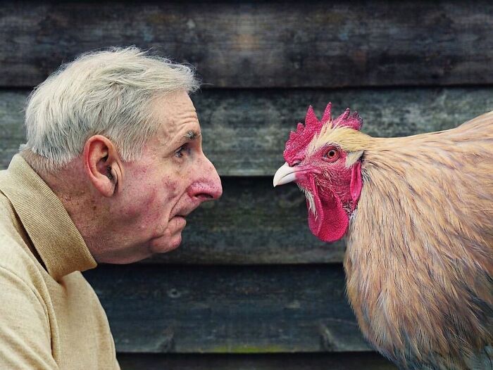 Elderly man and chicken face each other in a powerful street photo capturing the beauty and wisdom of old age.