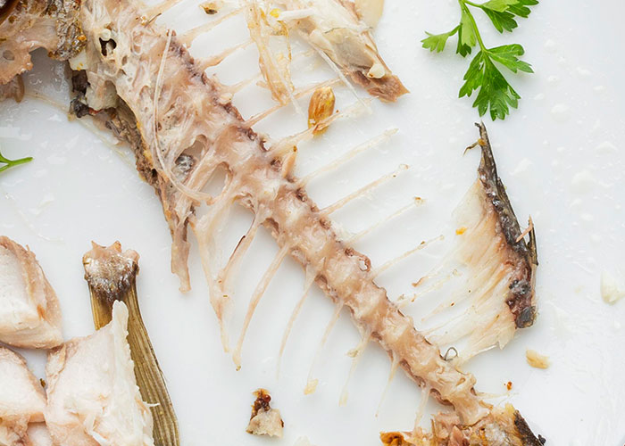 Fish bones and scraps on a white plate illustrating challenges faced by food industry workers with difficult customers.