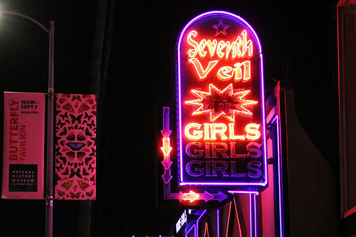 Neon sign for Seventh Veil adult club at night, illustrating unhinged ways company credit cards were used.