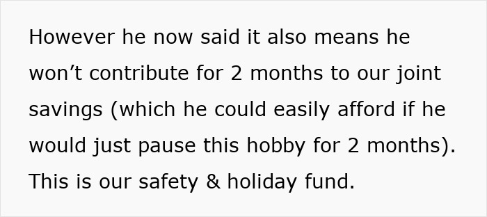 Text excerpt about husband spending on hobby affecting joint savings and safety fund, causing wife frustration