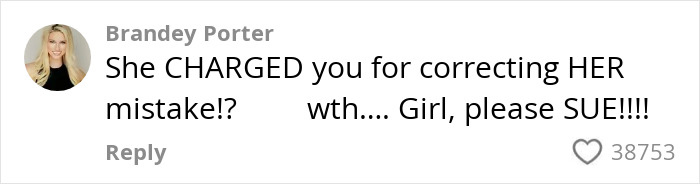 Comment by Brandey Porter discussing a woman urging to sue after a permanent disfigurement by celebrity facialist.