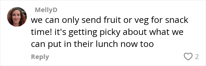 Comment on social media discussing school snack restrictions and picky rules related to snacks for students at school.