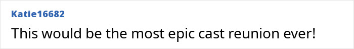 Text comment expressing excitement about an epic cast reunion for Harry Potter And The Cursed Child fan-made trailer.