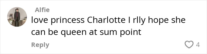 Comment praising princess Charlotte, expressing hope she can be queen someday, posted by user Alfie.