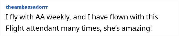 Screenshot of a social media comment praising a flight attendant while referencing an entitled passenger kicked off flight. Screenshot of a social media comment praising a flight attendant while referencing an entitled passenger kicked off flight.