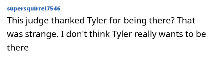 Comment text on a white background about Tyler Robinson appearing in court and a judge&rsquo;s strange remark.