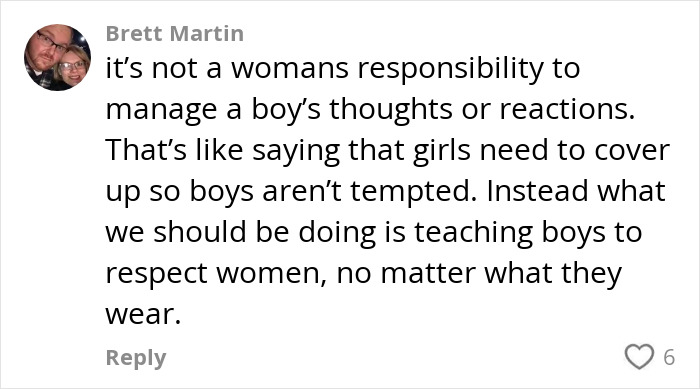 Comment by Brett Martin discussing that teaching boys to respect women is more important than blaming women's clothing choices like mom shorts.