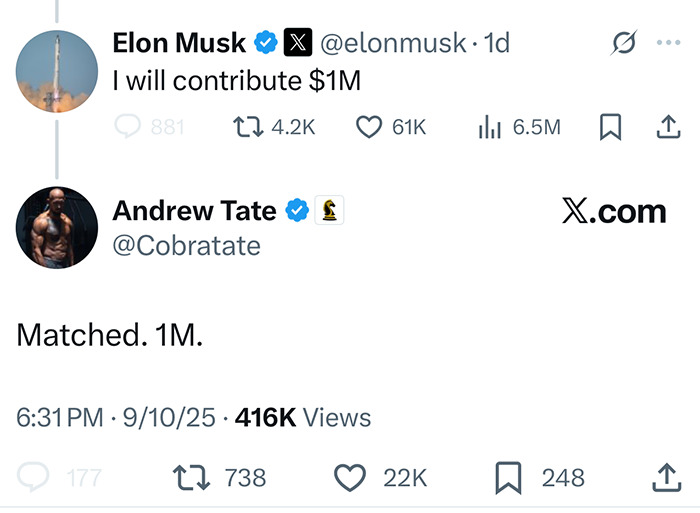Tweets showing Elon Musk and Andrew Tate each donating 1M to painting of Iryna Zarutska murals fundraiser. Tweets showing Elon Musk and Andrew Tate each donating 1M to painting of Iryna Zarutska murals fundraiser.