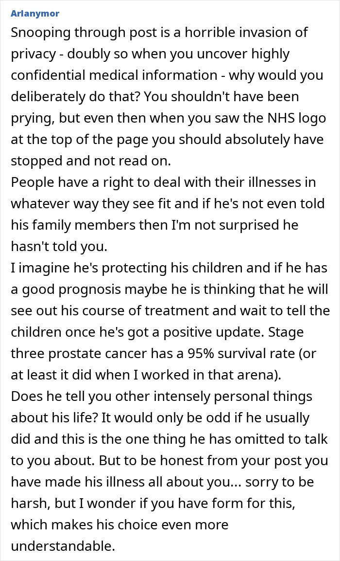 Comment discussing woman learning of ex-husband&rsquo;s cancer diagnosis by snooping, feeling betrayed he hid the truth from her.