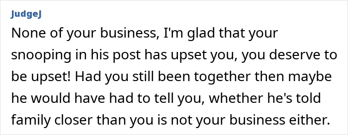 Screenshot of an online forum comment discussing a woman feeling betrayed after learning of ex-husband's cancer diagnosis by snooping.