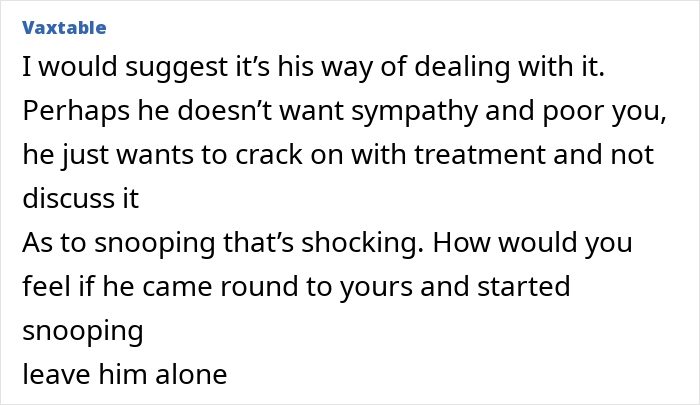 Screenshot of an online comment discussing feelings of betrayal after a woman learns of ex-husband's cancer diagnosis by snooping.