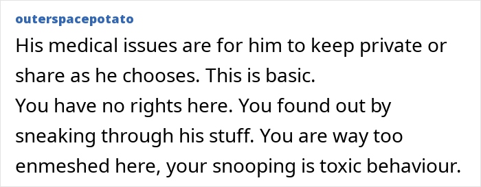 Screenshot of a user commenting on privacy and snooping about ex-husband&rsquo;s cancer diagnosis, feeling betrayed by hidden truth.